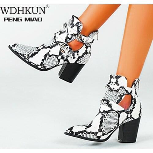 2020 Motorcycle Western Cowboy Boots Women Snake PU Leather Short Cossacks High Heels Cowgirl Booties Buckle Ankle Botas Shoes