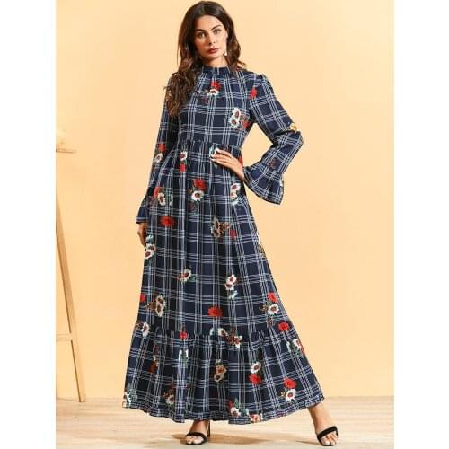 Maxi Dresses for Women Summer Autumn O Neck A Line Plus Size Long Sleeve Plaid Floral Printed Retro Vintage Dress Plus Size 4XL
