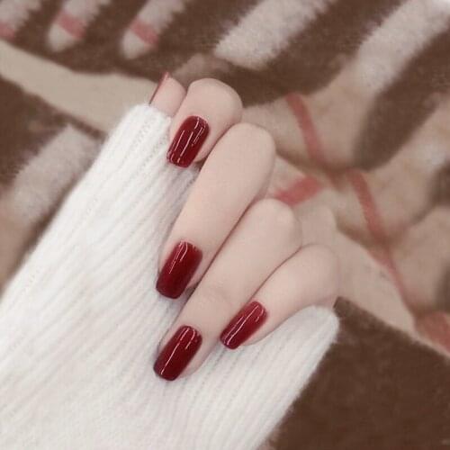 24pcs/Set Wine Red Long Square Head False Nails White Pre-design Short Round Head Full Cover Nail Tips Fnished Nail Art
