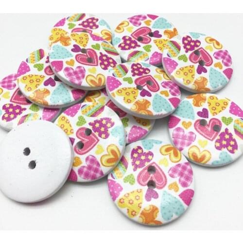 40pcs 30mm Large Wood Buttons 2 Holes Round With Heart Patterns Sewing Button Embellishments DIY Crafts