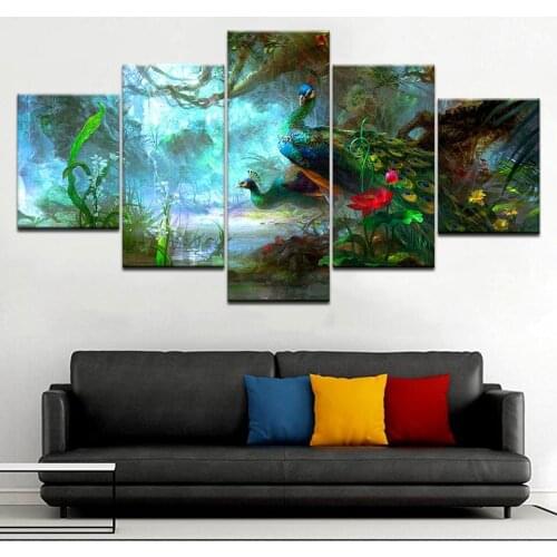 5 Pieces Wall Art Beautiful Blue Big Tail Bird Painting Animal Poster Modular Canvas Pictures Frame Home Living Room Decor