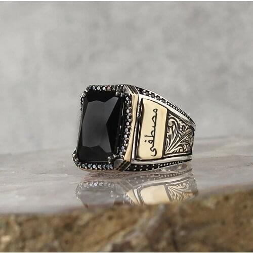 Zircon 925 Silver Engraved Traditional Handmade Turkish Signet Ring Jewelry Customized Gift for Women Men