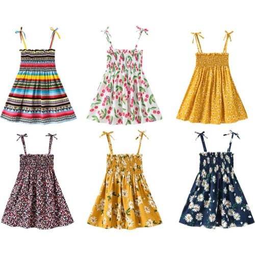 FOCUSNORM 6 Colors Lovely Kids Girls Summer Holiday Dress Flowers/Rainbow Striped Printed Strap Sleeveless A-Line Sundress