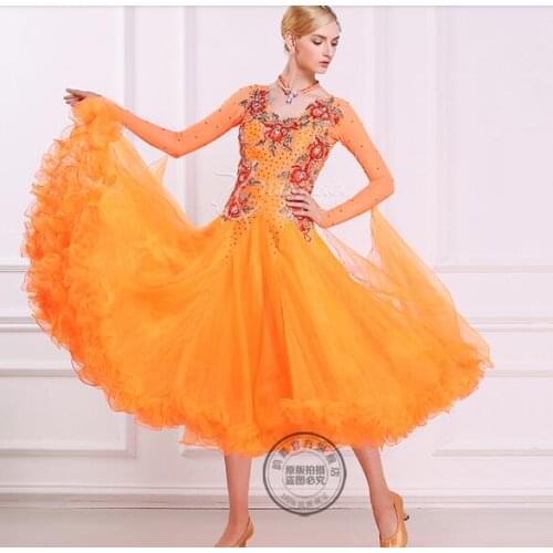 Customize rhinestone orange Fox trot Waltz tango salsa competition ballroom cha cha dance dress