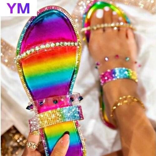 Colourful Crystal Rhinestone Sandals Women Summer Round Toe Stiletto Flat Heels Sexy Fetish Stripper Shoes Female Rivets Fashion