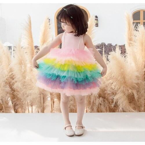 Summer Girls Kids Princess Dress Pastel Rainbow Mesh Cake Ball Gown Dresses Children Baby Sleeveless Party Vestidos S12274