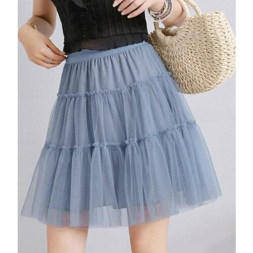 Tiered Tulle Skirts Womens Korean Cute Pink Beige Blue Black Skirt Summer School Ladies Girls High Waist Mini Skirt Mesh