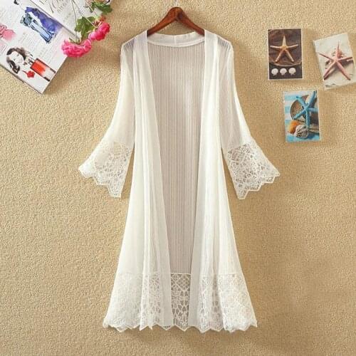 Fashion Lace Long Solid Color Cardigan Summer Women Outerwear Simple Summer Lace Long Cardigan For Female Beach Shirts
