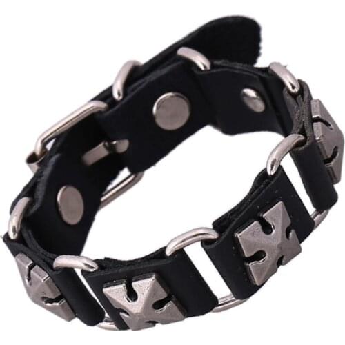 Fashion Vintage Cross Genuine Leather Bracelet Belt Alloy Rivets Retro Charms Adjustable Wristbands Bangle Black Casual Jewelry