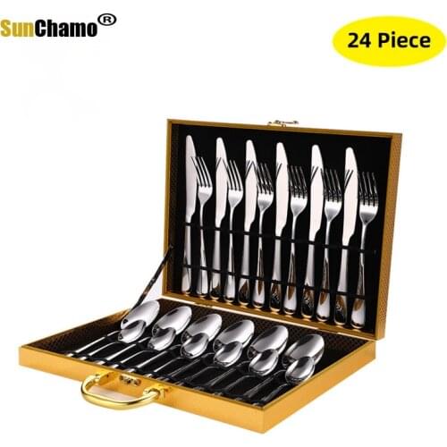 24 Pcs Golden Cutlery Dishes Dinnerware Table Sets Tableware Stainless Steel Gold Flatware Fork Spoon Knife Set Dinnerware Set