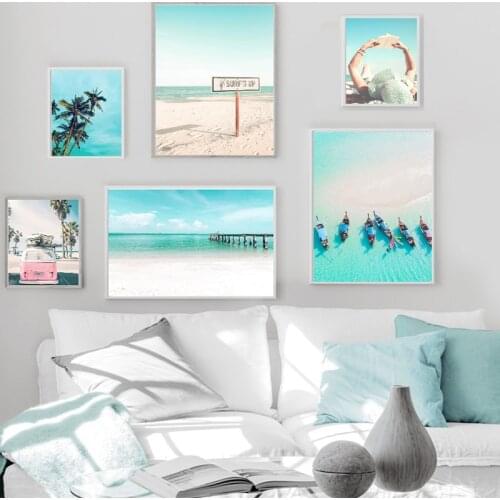 Nordic poster beach car bridge wall art oil painting and printing wall painting living room home decoration painting