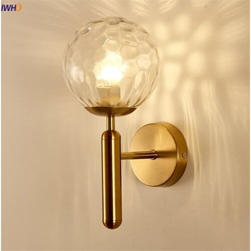 Gold Iron Retro Nordic Wall Lights Creative Amber Glass Ball Wandlamp Simple Bedroom E27 Mirror Light Living Room Decoration