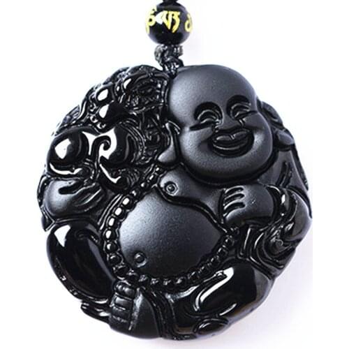 Natural Black Obsidian Bead Necklace Hand-Carved Buddha Jade Pendant Fashion Charm Jewelry for Man Women Auspicious Amulet Gifts