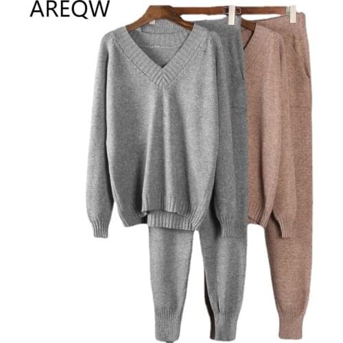 Cashmere Knitted Sets Women 2021 New Loose V Neck Sweater & Carrot Pant 2 Pieces Female Outfit Tracksuits Harem Pants