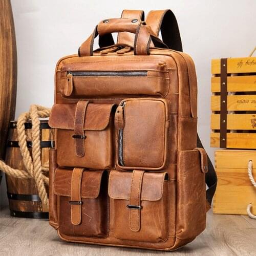 2021 New Leather Backpack Mens Retro Multi-pocket Backpack crazy horse leather business backpacks large capacity computer bag