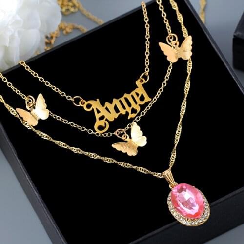 New Multilayer Chokers Necklaces Women Pink Oval Crystal Pendant Angel Letter Butterfly Charms Gold Chain Bohemian Jewelry Gift