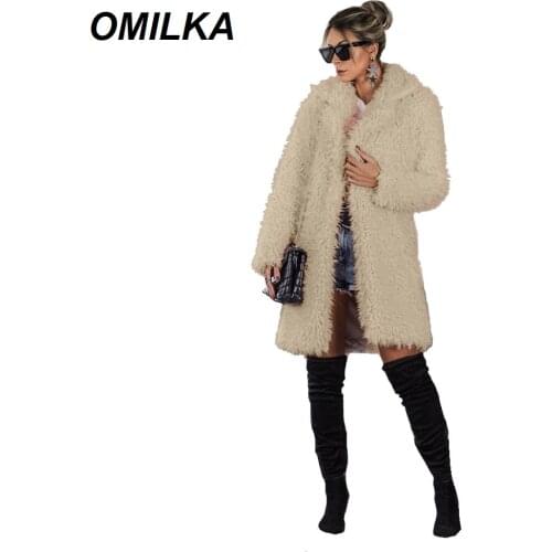 OMILKA Faux Fur Trench Coat 2019 Autumn Winter Women Lapel Long Sleeve Loose Black Green Khaki Warm Furry Long Coat Outwear