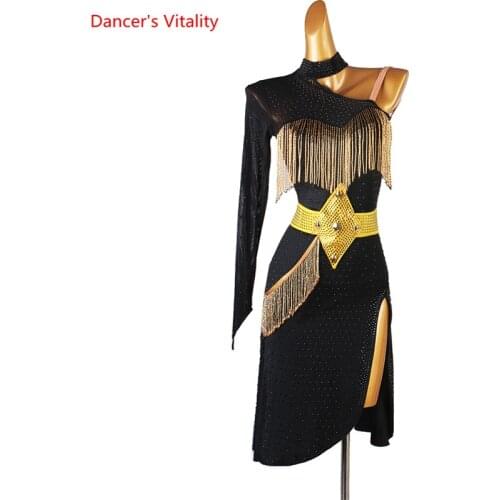 Latin Dance Dress Diamond-Studded Skirt Mesh Long Sleeve Performance Clothes High-End Custom Adult Child Competition Clothing