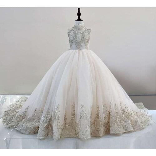 Flower Girl Dresses Princess Luxury Crystal Sleeveless Sequined Train Floor-Length Lace Tulle Ball Gown Kids Party Skirt H045