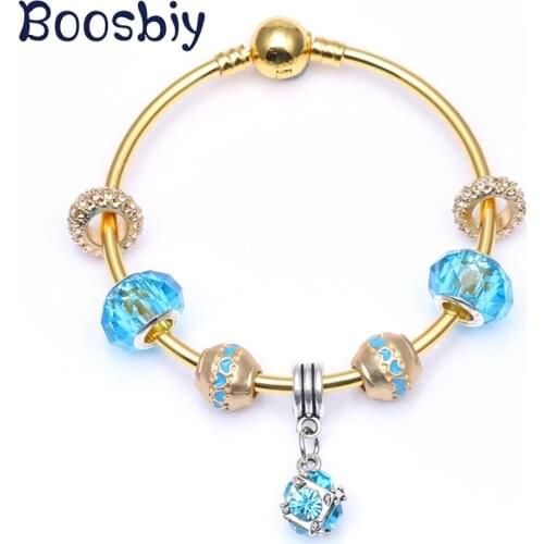 Blue Crystal Water Drop Charm Pendants Fits Gold Color Snake Chain Charm Bracelet DIY Fashion Brand Jewelry Gift For Women