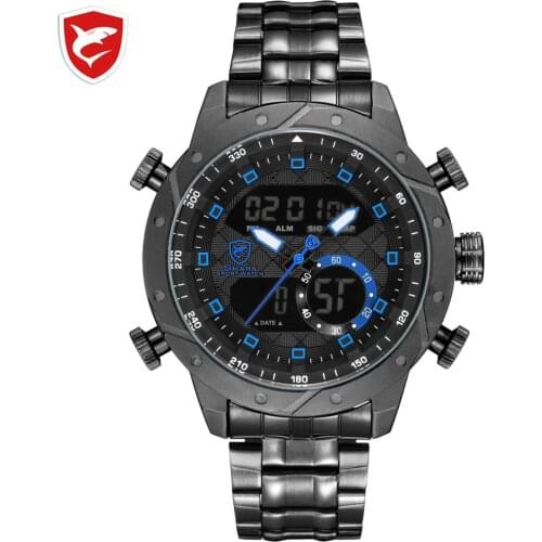 Snaggletooth SHARK Sport Watch LCD Auto Date Alarm Steel Band Chronograph Dual Time Men Relogio Quartz Digital Wristwatch /SH589