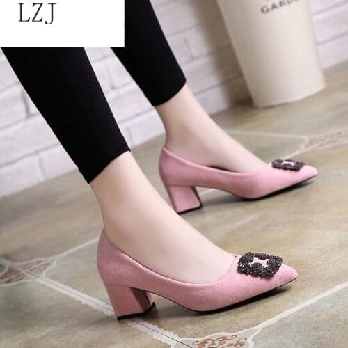 2019 Spring Autumn Women Pumps Sexy buckles High Heels Shoes Fashion Pointed Toe Wedding Party Square Heel String Bead