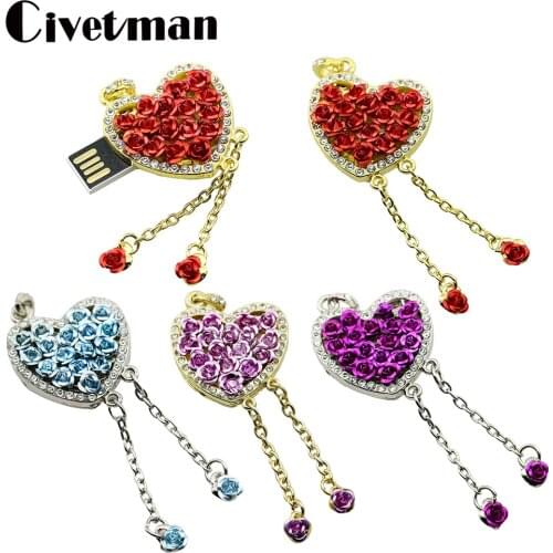 Metal Crystal Love Rose Flower Heart USB Flash Drive 128GB Pen Drive 8GB 16GB 32GB 64GB Pendrive 256GB Mini Cle USB Memory Stick
