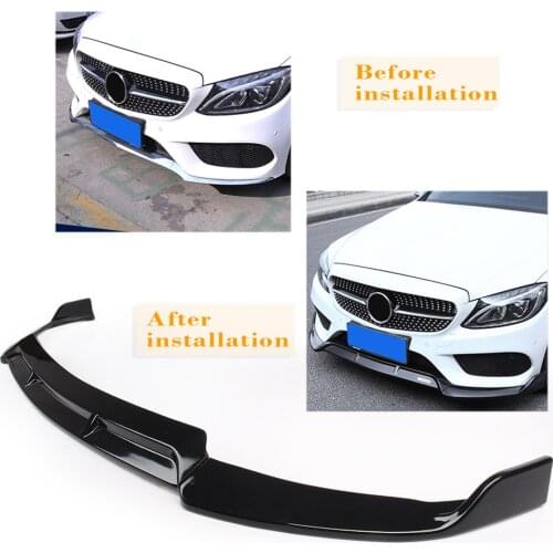W205 Car Front Bumper Lip Cover Trims Protector For Mercedes Benz C Class 2019 Standard Model Gloss Black ABS 3PCS Sport Style