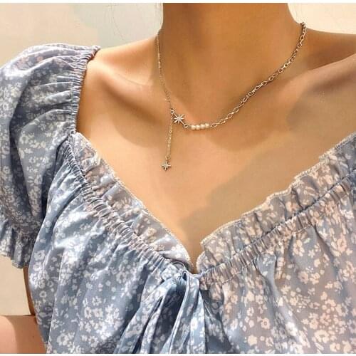 Korean Pearl Necklace Rhinestone Star Pendant Necklaces for Women Temperament Jewelry Trendy Clavicle Chain Party Accessories