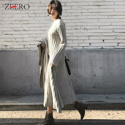Korean Women Autumn Casual Black Loose Ribbed Knitted Sweater Dress Elegant Winter Long Sleeve Ladies Slash Neck Maxi Dresses