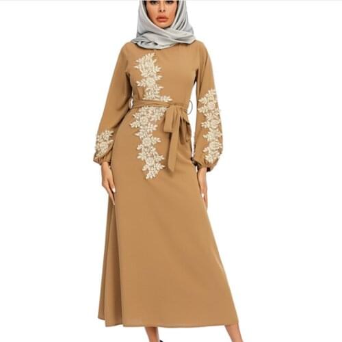 Muslim New Ethnic Style Womens Robe Elegant And Dignified Embroidery Long Swing Dress Nail Pearl Arab Islam Brown