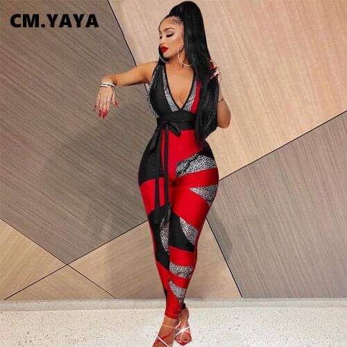 CM.YAYA Women Jumpsuit Print Sleeveless V-neck High Waist Sheath Elastic Jumpsuits Office Lady Sexy High Street Outfit Romper