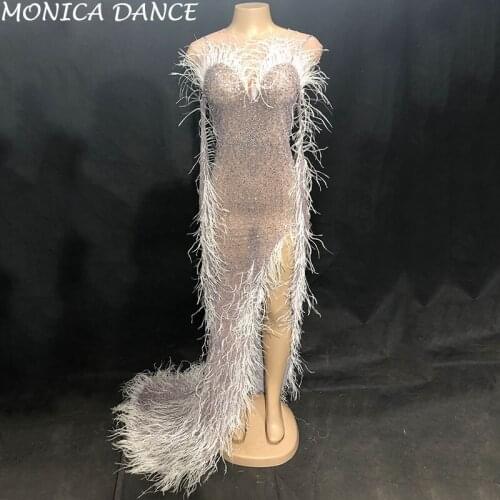 Women Sexy Net Yarn Long Dress White Feather Sparkling Crystals Nightclub Birthday Party Stage Wear Singer Bling Dress Costume