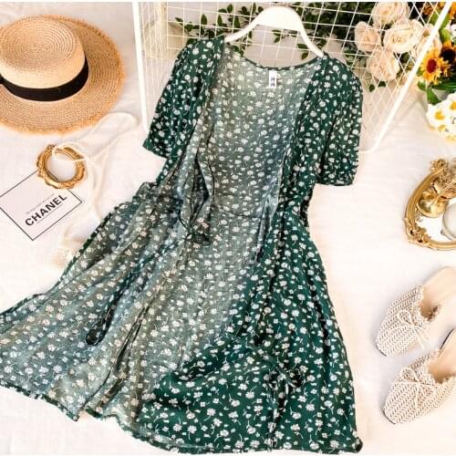 Spring Summer Womens Floral Prints Sashes Dresses Female V Neck Short Sleeve Solid Color Dress Ladys Casual Dress