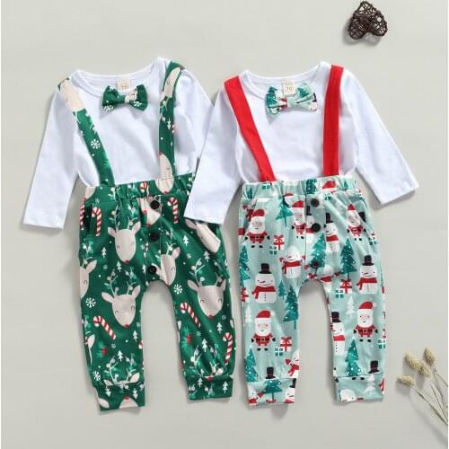 2Pcs Baby Christmas Tracksuits Long Sleeves Romper + Cartoon Print Suspender Pants for Toddlers Girls Boys 0-18 Months