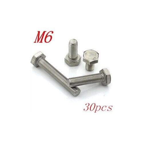 30pcs/Lot Free Shipping Metric Thread M6*10/12/14/16/18/20/25/30/35/40-110mm Stainless Steel outer Hex Head Cap Screws Bolts