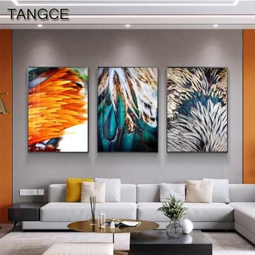 Abstract Feather Series Decorative Poster and Print Blue Wall Art Painting Yellow Canvas Pictures for Living Room Fashion Home