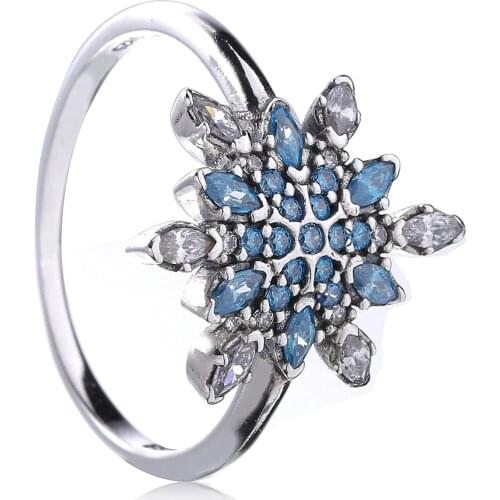 Ajax 925 Sterling Silver Blue crystal Snowflake Rings For Women