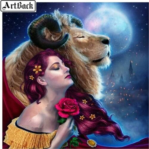 5d diamond embroidery animal diamond painting woman lion moon landscape full square & round diamond mosaic 80x80cm