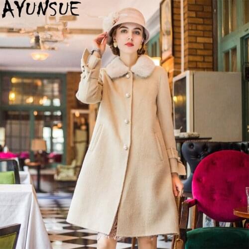 AYUNSUE Real Wool Coat Female Mink Fur Collar Alpaca Jackets Winter Jacket Women Double Side Woolen Coats Casaco Feminino MY4084