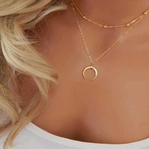 Bohemian Gold Color Multi Layer Crescent Moon Pendant Necklace For Women Link Chain Choker Collar Necklace Fashion Jewelry Gift