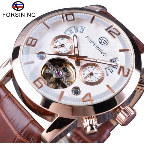 Forsining Brown Genuine Leather Strap Tourbillion Luxury Maltifuction Display Men Business Automatic Watches Top Brand Luxury