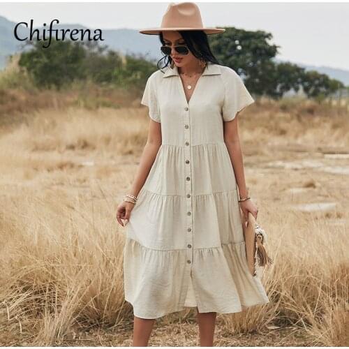 Chifirena 2021 Short Sleeve Women Shirt Dress Shirring Button Midi Dresses Holiday Sexy Sundress Elegant Party Vestidos Female