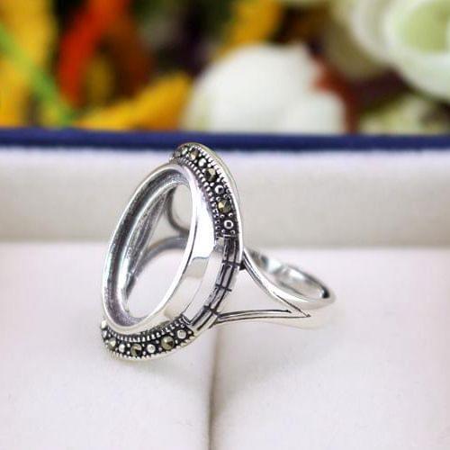 Art Deco 12x16mm Oval Cabochon Semi Mount Engagement Ring Sterling Silver 925 Fine Jewelry Setting Adjustable Open