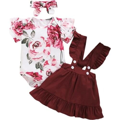 HOT 3Pcs Newborn Baby Girl Clothes Infant Summer Romper Top+Strap Dress+Headband Toddler Baby Clothing Cute Outfits Set1