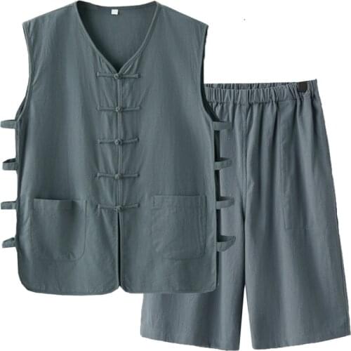 Chinese Tang Dynasty Sets Clothing Single Breasted Wing Chun Summer Men Cotton Linen Tank shorts Loose Kung Fu suit Tai Chi set