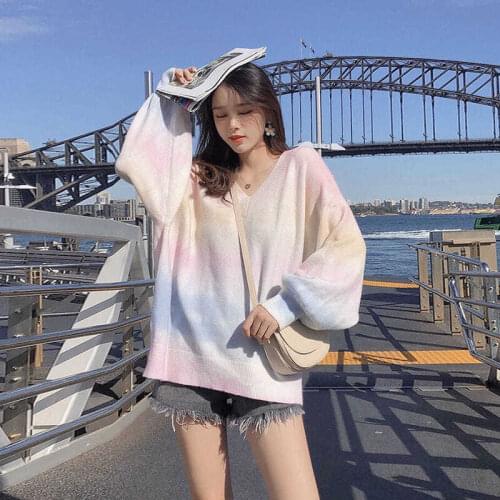 V Neck Korean Short Loose Sweater Female Rainbow Knitted Sweaters Funny Women Autumn Winter Pullover Sweater Streetwears Girl