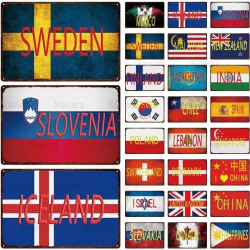 National Flag Metal Tin Sign Sweden Iceland United States Korea Vintage Plaque Home Decor Retro Art Poster Wall Sticker 20X30Cm