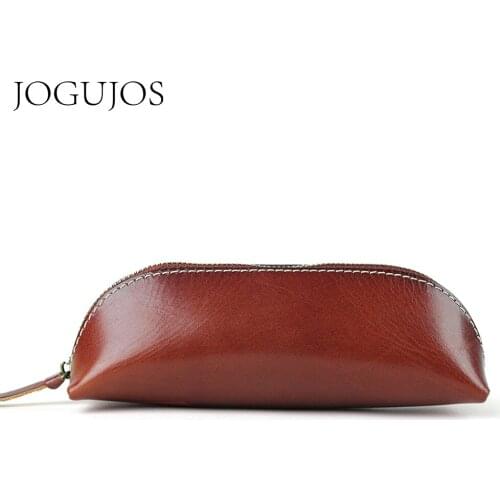JOGUJOS New Vintage Cowhide Zipper Student Pencil Case Genuine Leather Handmade Pen Case Pen Bag Glasses Case Office Coin Purse