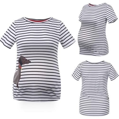 2021 Maternity Clothes Women Pregnant Maternity Top Short -sleeve Striped Dog Print Maternity Clothes Blouse Pregnant Tops